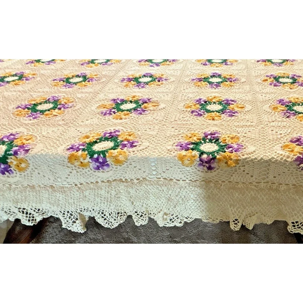 Vint Handmade Crochet Granny Square Bedspread Blanket Floral Purple Gold 82x62